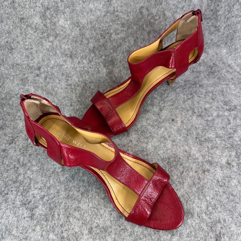 Nine West Womens Red Leather Wedge Sandals Size 8 T Strap Comfort Back Zip - Picture 6 of 14